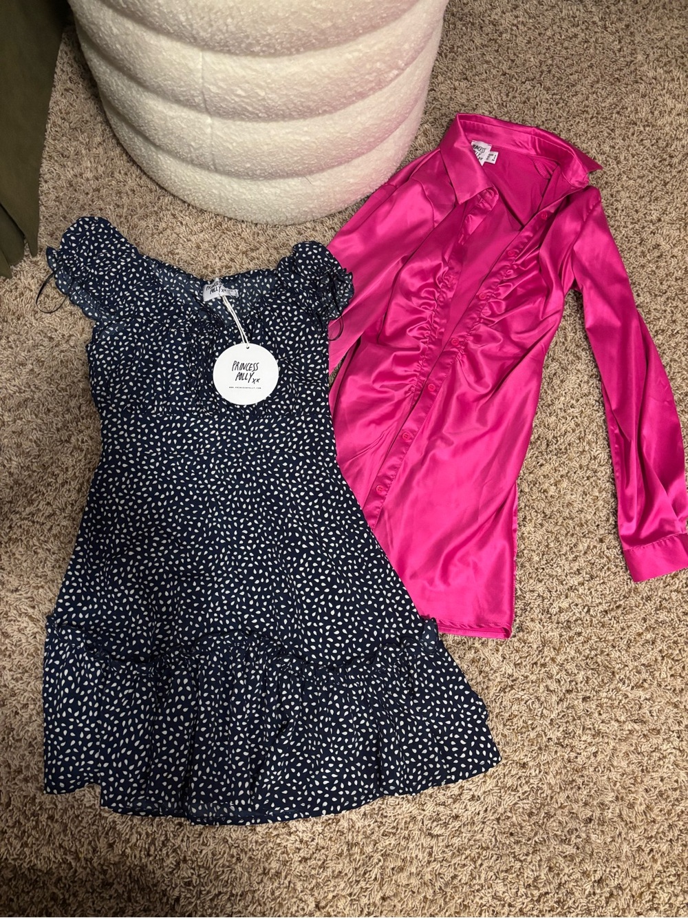 New Princess Polly Navy Polka Dot Dress Size 4 with Pink Satin Shirt Dress Sz2